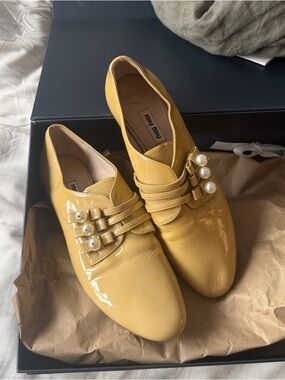 Miu Miu Yellow Patent Leather Pearl-Embellished Loafers